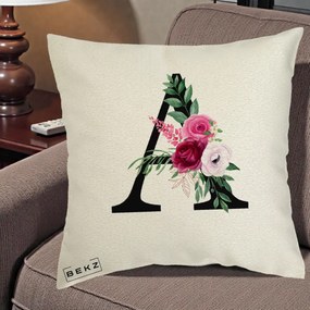 Cadou Personalizat - Perna Personalizata Monograma Florala Litera A, 40x40 cm, Ecru, Husa Detasabila, Perna Inclusa, BEKZ®