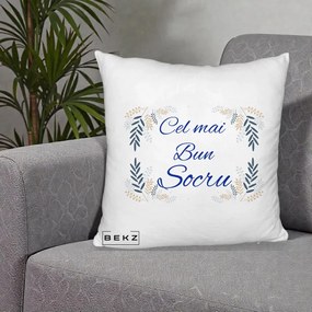 Cadou pentru Socru - Perna Personalizata Cel mai Bun Socru cu Ramuri Frunze Albastre si Aurii, 40x40 cm, Alb Pufos, Husa Detasabila, Perna Inclusa, BEKZ®