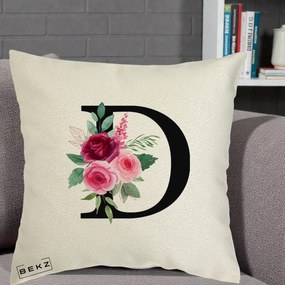Cadou Personalizat - Perna Personalizata Monograma Florala Litera D, 40x40 cm, Ecru, Husa Detasabila, Perna Inclusa, BEKZ®