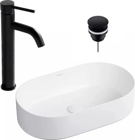 Pachet lavoar pe blat Omnires Mesa alb 53.5 cm, baterie lavoar Rea Lungo negru si ventil lavoar Click-Clack D negru