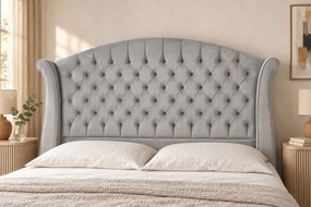 Pat tapițat Chesterfield din catifea Sorella Simple 140×200 cm, gri deschis, cu ladă de depozitare