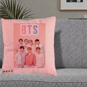 Perna Personalizata K-pop BTS Foto Grup cu BTS si Fond Roz Pastel, 40x40 cm, Roz, Husa Detasabila, Perna Inclusa, BEKZ®