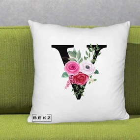 Cadou Personalizat - Perna Personalizata Monograma Florala Litera V cu Buchet, 40x40 cm, Alb Pufos, Husa Detasabila, Perna Inclusa, BEKZ®