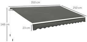 Outsunny Copertină Pliabilă pentru Exterior, Copertină Tip Roll-Up cu Deschidere Manivelă, 350x250 cm, Gri