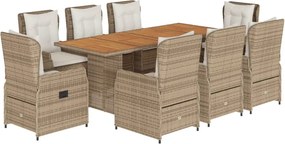 vidaXL Set de masă pentru grădină, 9 piese, cu perne, bej, poliratan