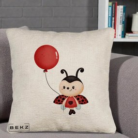 Perna Decorativa Buburuza cu Balon Rosu, 40x40 cm, Bej Canapea, Husa Detasabila, Perna Inclusa, BEKZ®