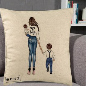Cadou pentru Mama - Perna Personalizata Mom of Boys Mama cu Baietii, 40x40 cm, Bej, Husa Detasabila, Perna Inclusa, BEKZ®