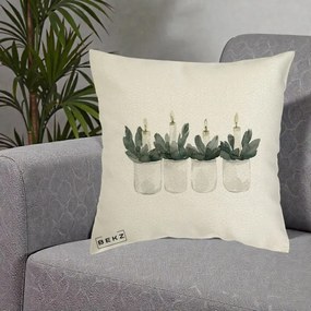 Perna Decorativa Lumanari in Borcane cu Eucalipt, 40x40 cm, Ecru, Husa Detasabila, Perna Inclusa, BEKZ®