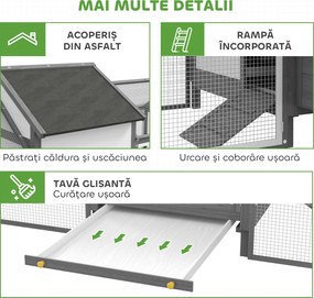 PawHut Coteț din Lemn pentru Găini Ouașe de Exterior cu 2 Recinții Laterale, Cuibar, Acoperiș Impermeabil, Tavă Glisantă, Zonă de Odihnă, Uși și Rampă, pentru 2-4 Găini, 247x118x113.5cm, Gri | Aosom Romania