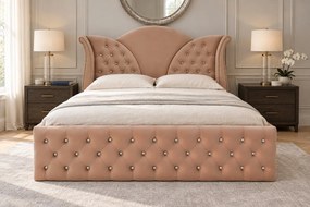 Pat tapițat Chesterfield din catifea Velora Cristal 180×200 cm, cappuccino, cu ladă de depozitare