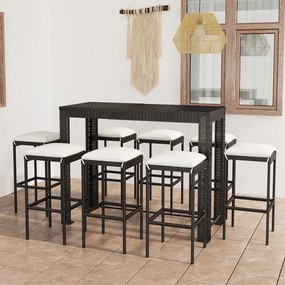 3064790 vidaXL Set mobilier bar de grădină cu perne, 9 piese, negru, poliratan