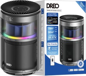 Purificator de aer DREO 530AS, 25 m², 221 m³/h, aspirație la 360°, True HEPA, Wi-Fi, cronometru, ultra silențios, senzor de calitate a aerului, negru