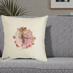 Perna Decorativa Femeie cu Flori Roz Acuarela, 40x40 cm, Ecru, Husa Detasabila, Perna Inclusa, BEKZ®
