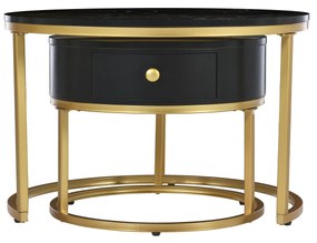 Set de 2 Măsuțe de Cafea Moderne Suprapuse cu Efect de Marmură Lucioasă, Structură din Metal, 70x70x48 cm și 50x50x43,5 cm, Negru
