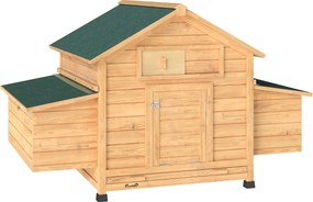 PawHut Coteț din Lemn cu 2 Căsuțe, Coteț pentru Găini de Exterior cu Acoperiș Impermeabil, Tavă Detașabilă și Bare, Adăpost pentru 2-4 Găini, Rațe, Grădină, 150x100x96,5 cm, Galben | Aosom Romania