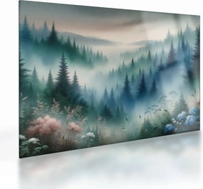 Tablou pe sticlă - Peisaj forestier cu ceață (70x50 cm)