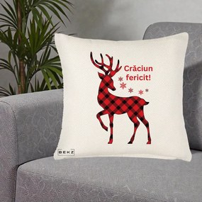 Perna Decorativa Ren Tartan Craciun Fericit, 40x40 cm, Crem Reliefat, Husa Detasabila, Perna Inclusa, BEKZ®