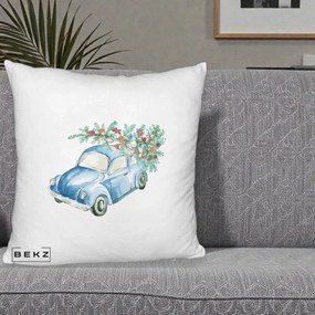 Perna Decorativa Masinuta Albastra cu Brad de Craciun, 40x40 cm, Alb Pufos, Husa Detasabila, Perna Inclusa, BEKZ®