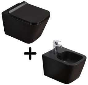 Set vas wc negru suspendat, rimless, cu capac soft close si bideu inclus, Paris