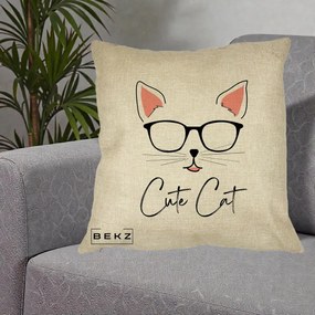 Perna Personalizata Cute Cat cu Ochelari, 40x40 cm, Crem, Husa Detasabila, Perna Inclusa, BEKZ®