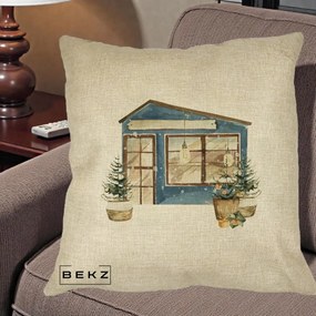 Perna Decorativa Casa de Iarna Watercolor, 40x40 cm, Crem, Husa Detasabila, Perna Inclusa, BEKZ®