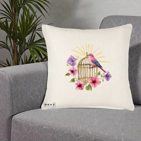 Perna Decorativa Pasare Roz pe Colivie Aurie cu Flori, 40x40 cm, Crem Reliefat, Husa Detasabila, Perna Inclusa, BEKZ®