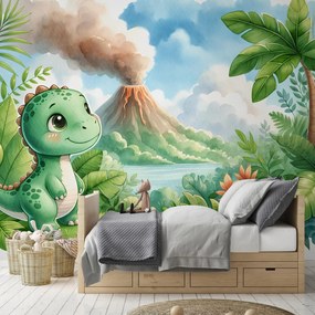 Fototapet - Dinozaur și vulcan (147x102 cm)