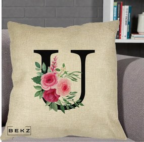 Cadou Personalizat - Perna Personalizata Monograma Florala Litera U, 40x40 cm, Crem, Husa Detasabila, Perna Inclusa, BEKZ®