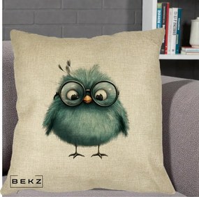 Perna Decorativa Pui Teal cu Ochelari Rotunzi, 40x40 cm, Crem, Husa Detasabila, Perna Inclusa, BEKZ®