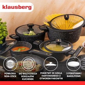 Set de oale și tigăi Klausberg KB 7966, 12 bucăți, Turnat, Acoperire antiaderentă din marmură, Inducție, Negru