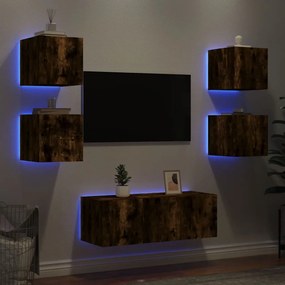 vidaXL Unități de perete TV cu LED-uri, 6 piese, stejar fumuriu, lemn