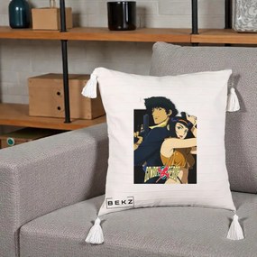 Perna Personalizata Cowboy Bebop Spike si Faye Poster, 40x40 cm, Bej cu Franjuri, Husa Detasabila, Perna Inclusa, BEKZ®
