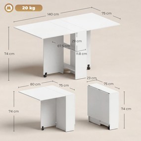 HOMCOM Masă Pliabilă pentru 4-6 Persoane cu 2 Roți și 2 rafturi depozitare, 140x75x74cm, Alb | Aosom Romania