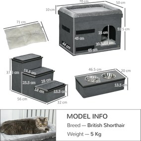 PawHut Casă pentru pisici, cușcă pentru pisici, grotă pentru pisici, 3 trepte pentru animale, 2 boluri de hrănire, 70 x 50 x 51 cm, Gri | Aosom Romania