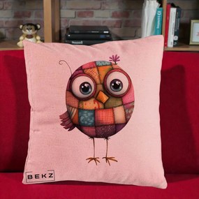 Perna Decorativa Pasare Patchwork Roz cu Floare, 40x40 cm, Roz, Husa Detasabila, Perna Inclusa, BEKZ®