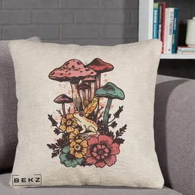 Perna Decorativa Ciuperci si Broaste Boho, 40x40 cm, Bej Canapea, Husa Detasabila, Perna Inclusa, BEKZ®