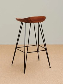 Scaun de bar din lemn de acacia și metal, maro, în stil industrial, cu șezut scobit și picioare tip ac de păr, 80 x 46 x 40 cm, „Mauru”