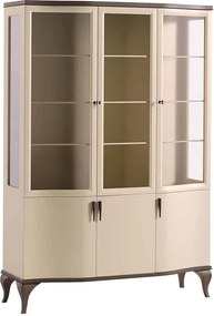 Vitrină lemn masiv nuc cu trei usi Leona Crem-, 142 × 51 × 205 cm