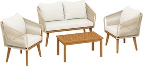 Outsunny Set mobilier grădină 4 piese lounge polyrattan cu canapea 2 locuri, 2 fotolii, masă din lemn de acacia cu lamele, perne groase lavabile | Aosom Romania