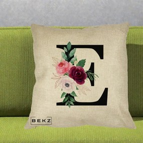 Cadou Personalizat - Perna Personalizata Monograma Florala Litera E, 40x40 cm, Crem, Husa Detasabila, Perna Inclusa, BEKZ®