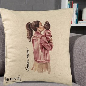 Cadou pentru Mama - Perna Personalizata Super Mom Jachete Roz, 40x40 cm, Bej, Husa Detasabila, Perna Inclusa, BEKZ®