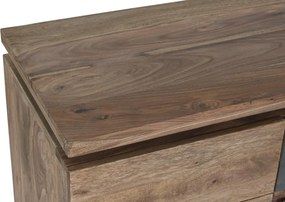 Bufet TV, stil alpin, din lemn masiv, natur, cu 4 uși și 2 sertare gri, 72 x 175 x 45 cm, „Candé”