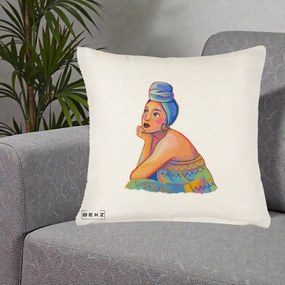 Perna Decorativa Portret Femeie Contemplativa, 40x40 cm, Crem Reliefat, Husa Detasabila, Perna Inclusa, BEKZ®