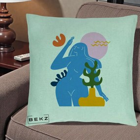 Perna Decorativa Femeie Albastra Cactus, 40x40 cm, Verde Menta, Husa Detasabila, Perna Inclusa, BEKZ®