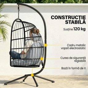 Outsunny Scaun Suspendat Tip Ou, Leagăn pentru Exterior cu Suport și Centură de Siguranță, Negru/Gri Deschis | Aosom Romania