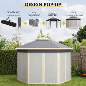Outsunny Pavilion 4x4m impermeabil pop-up pavilion pliant hexagonal, acoperiș dublu, pavilion de grădină cu 6 părți laterale, cort de petrecere incl. husă de transport, pentru grădină, terasă, festival, Bej+Kaki | Aosom Romania