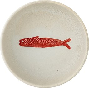 Set 4 boluri din ceramică artizanală alba si pește sculptat în relief, roșu, 14.5×5 cm, „Hadden"
