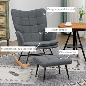 HOMCOM Scaun Balansoar cu Taburet în Stofă Tip In și Lemn de Cauciuc, Fotoliu Balansoar cu Pernă, Spătar Înalt, Cotiere, Capacitate 130 kg, pentru Dormitor Living, Gri | Aosom Romania