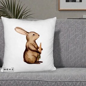 Perna Decorativa Iepuras Acuarela cu Morcov, 40x40 cm, Alb Pufos, Husa Detasabila, Perna Inclusa, BEKZ®