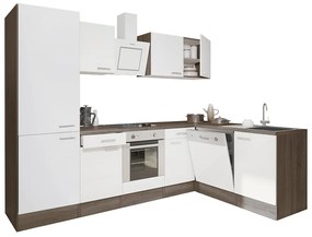 Mobilă de bucătărie de colț Yorki 280, corp din stejar Yorki, față alb satinat cu element inferior al cuptorului, dulap cu raft